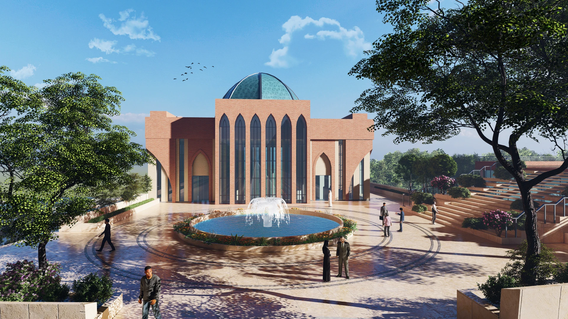 Architectural visualization of a contemporary civic complex and landscaped public space