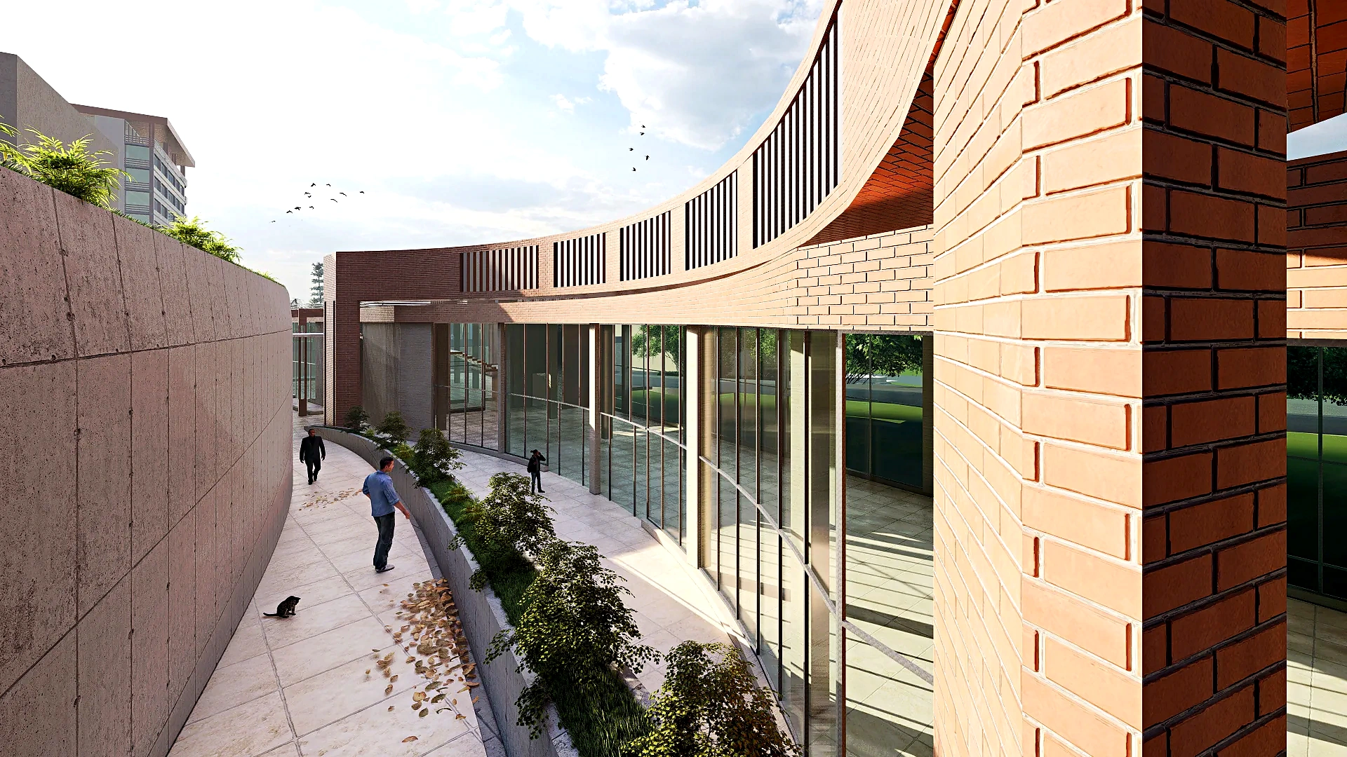 Curved brick and glass circulation space