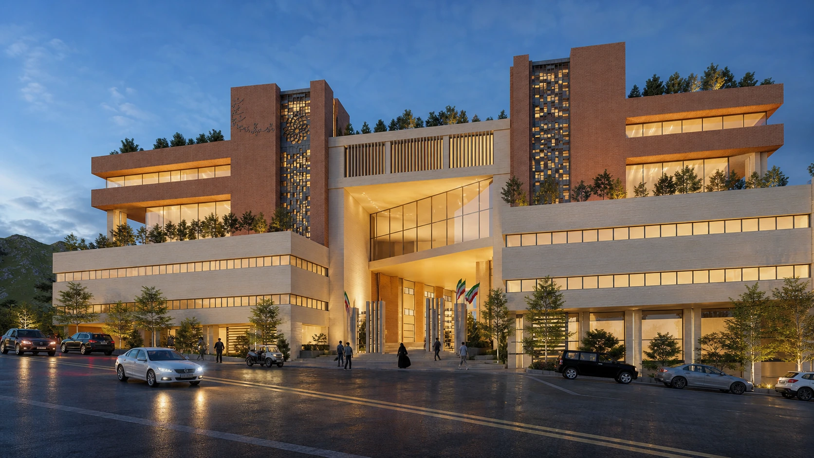 Beheshti University entrance illuminated at blue hour