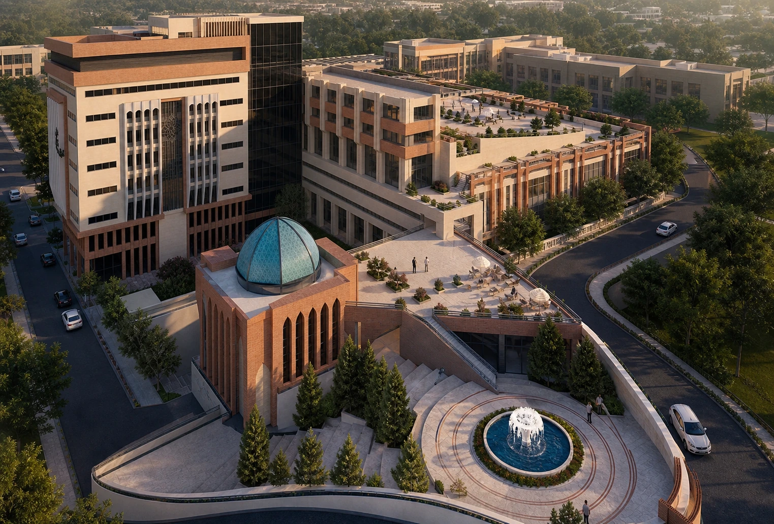 Aerial overview of the Beheshti University campus and public realm