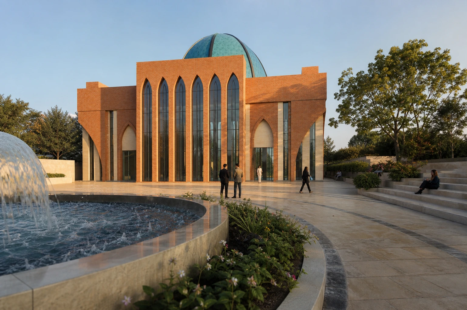 Human-scale view across the fountain toward the university hall