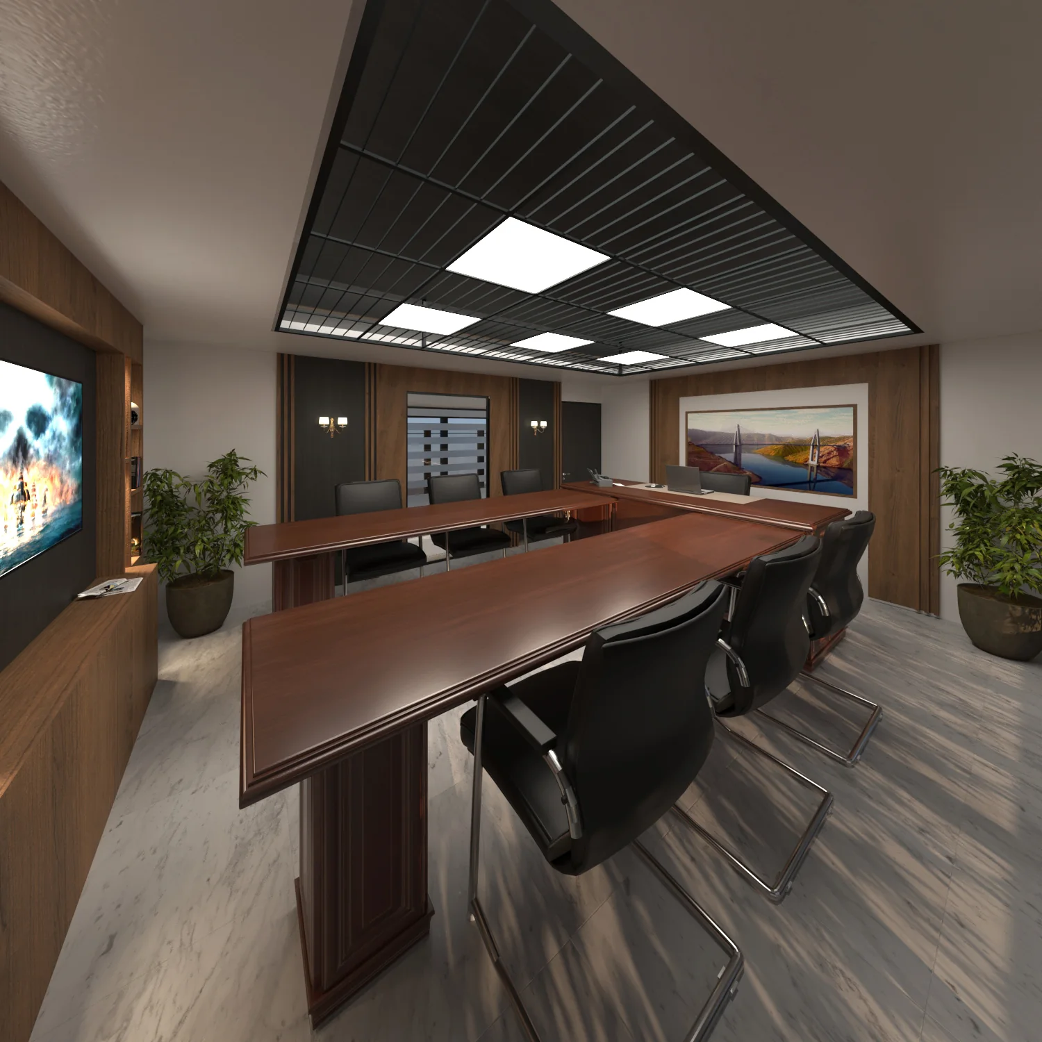 A workplace interior series spanning reception, circulation and executive meeting spaces.