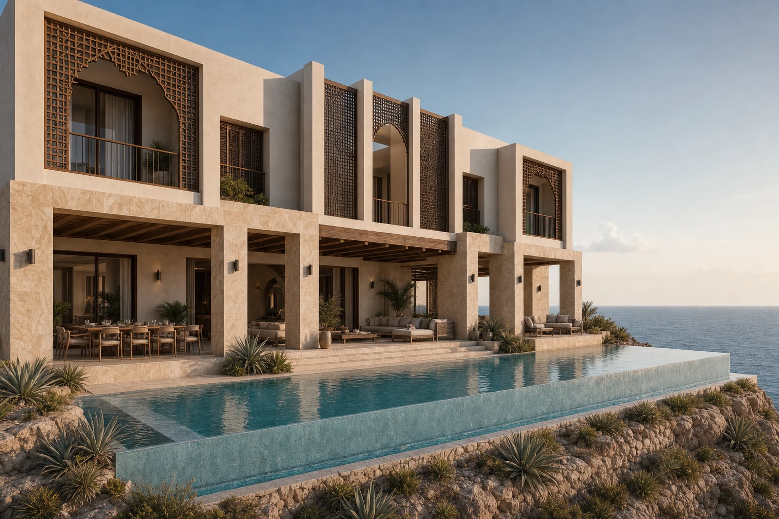 Muscat Villa infinity-pool terrace facing the coastal landscape