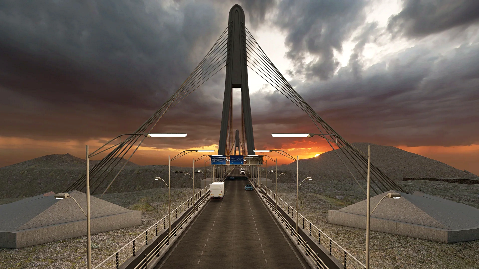 Wide landscape view of the complete bridge crossing