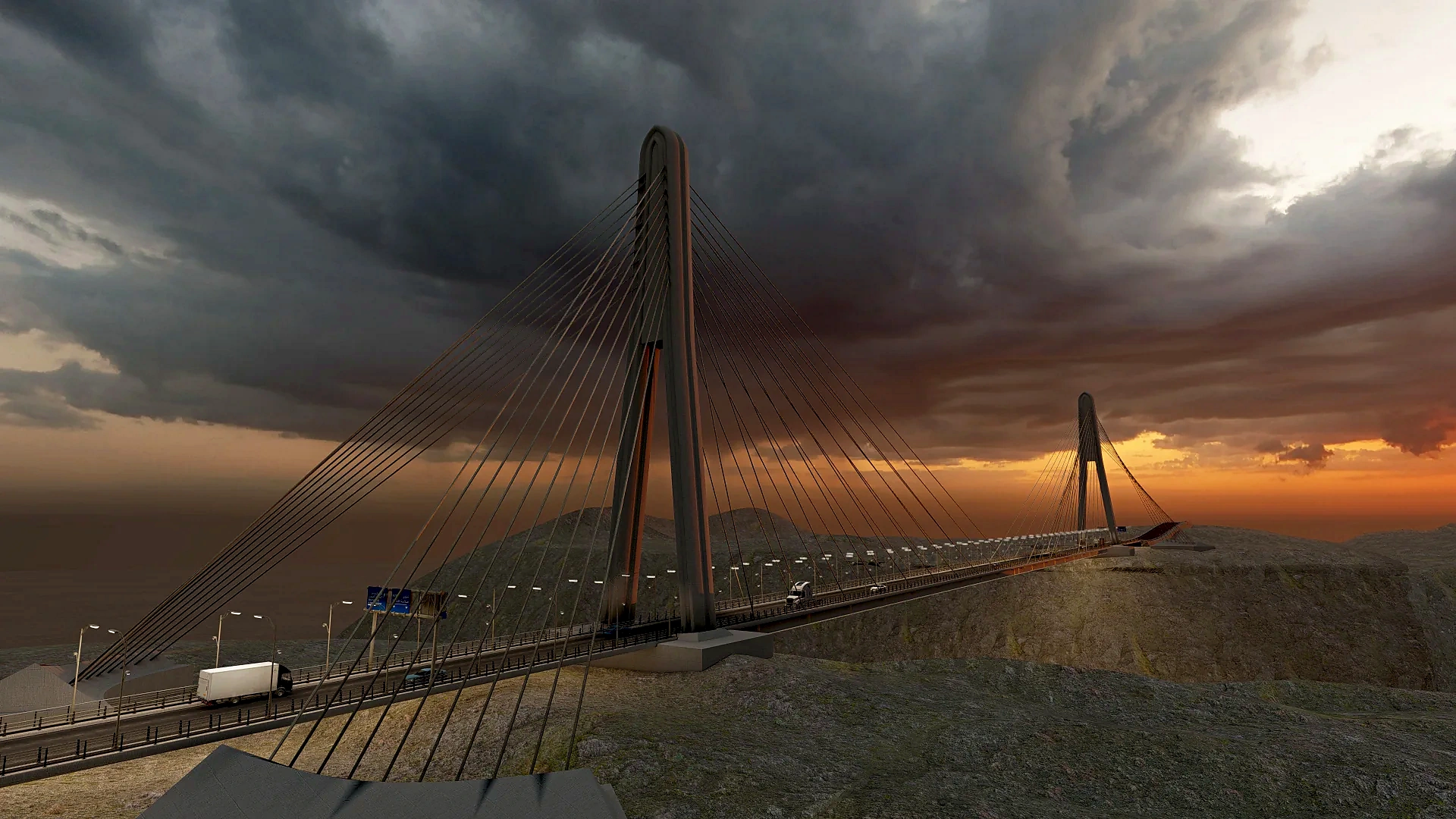 Dusk roadway arrival beneath the illuminated bridge pylons