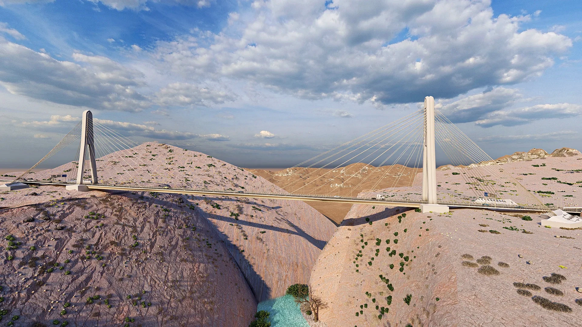 Cable-stayed bridge pylon rising above the Khasab roadway