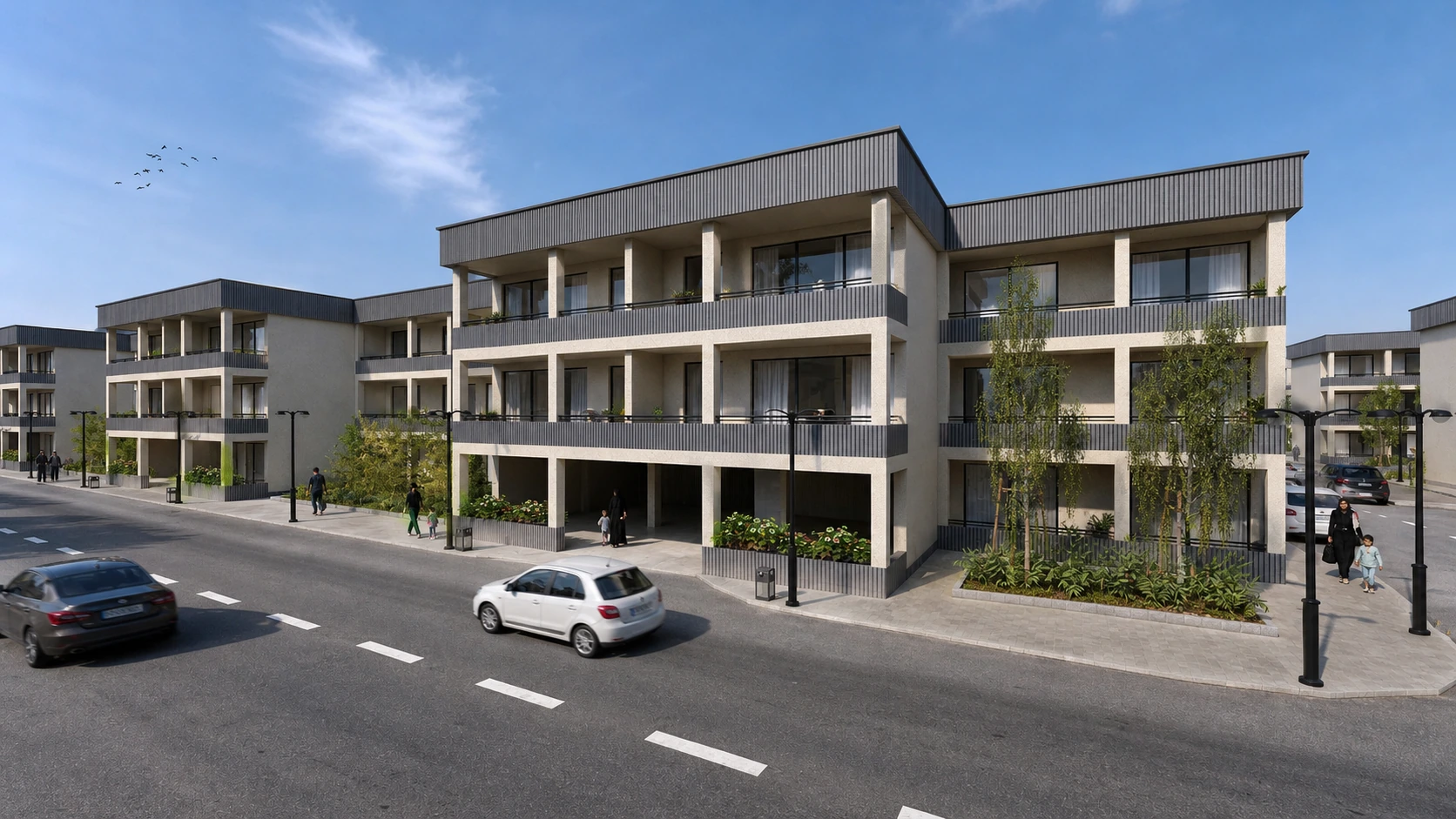 Street-corner view of the Parand residential buildings