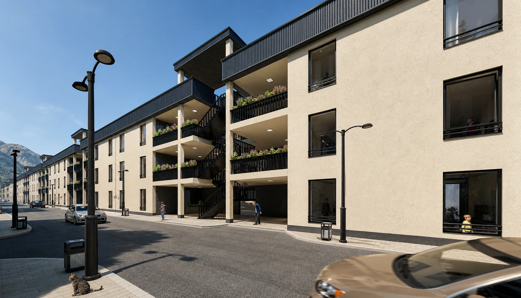 Pedestrian and vehicular street through the Parand development