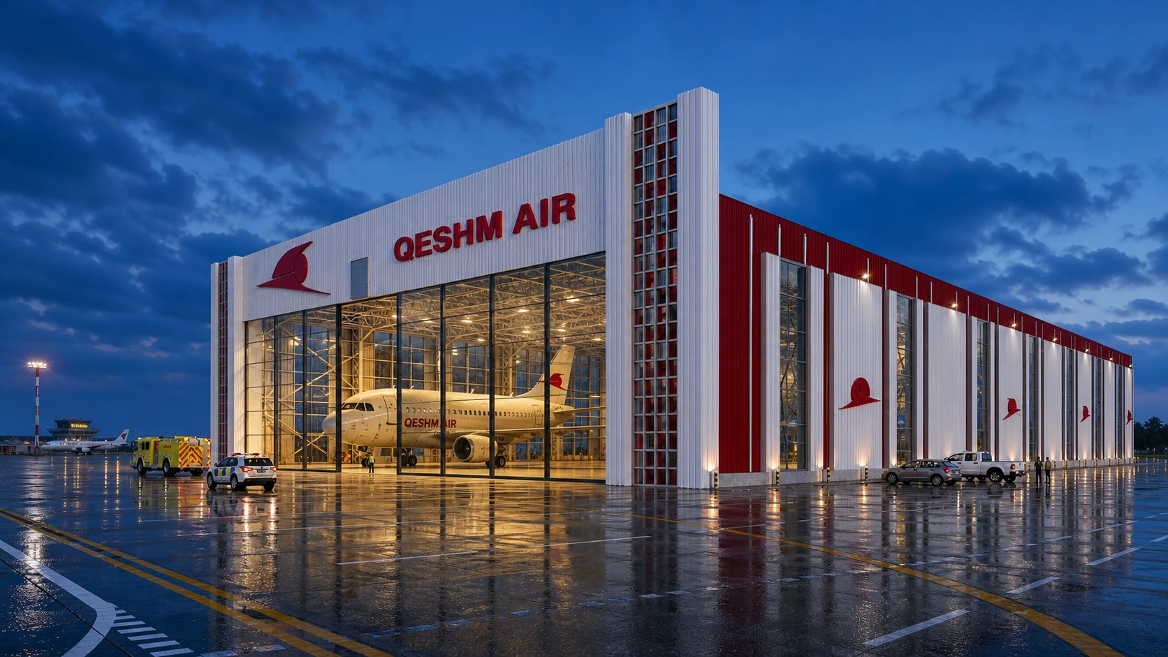 Qeshm Airlines Hangar illuminated at blue hour