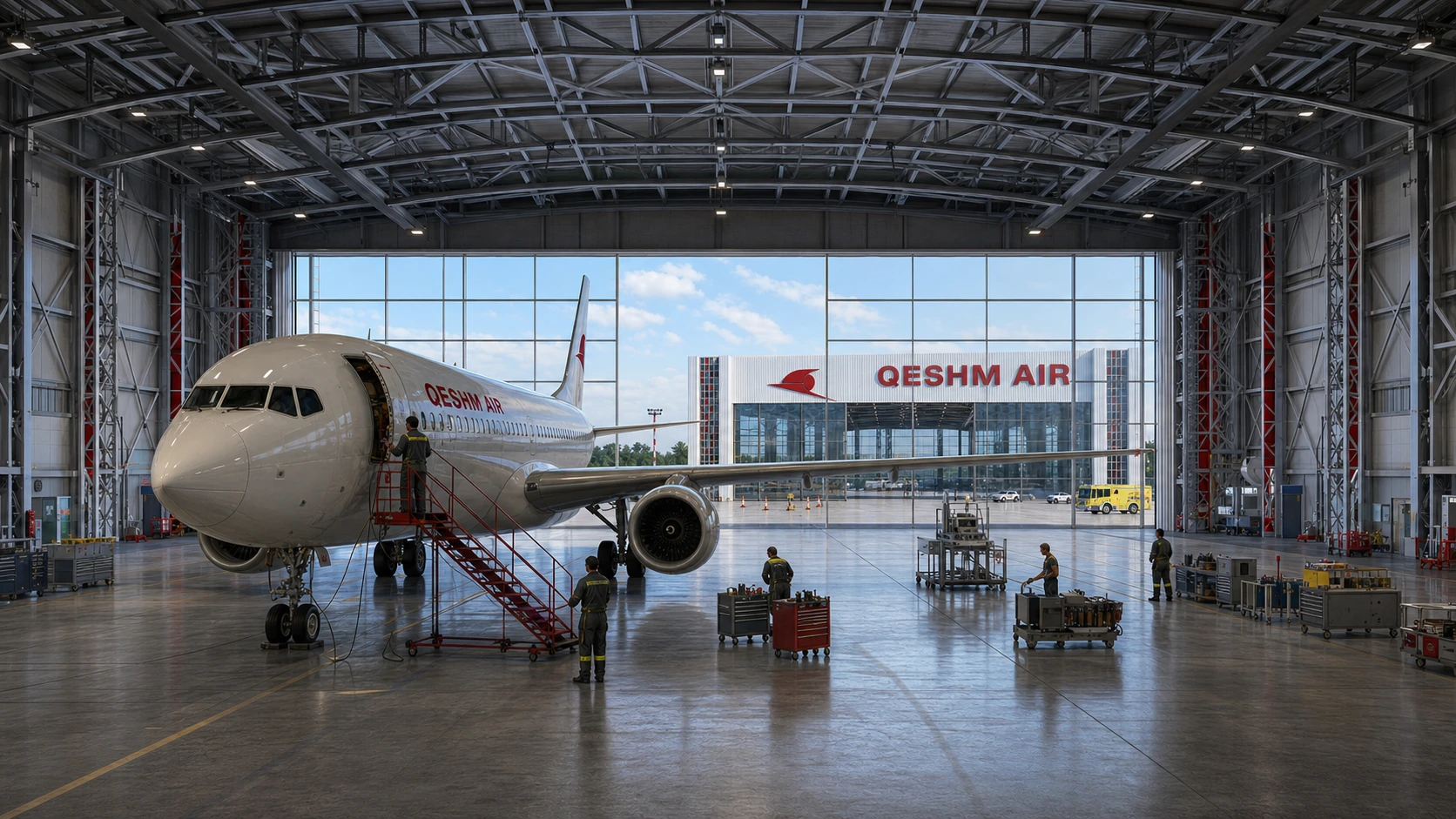 Aircraft maintenance activity inside the Qeshm Airlines Hangar