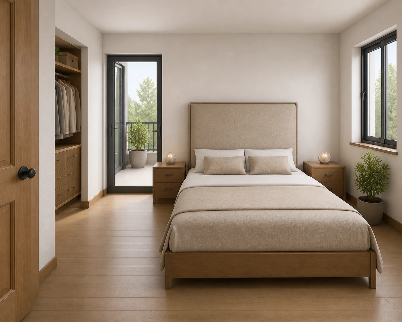 Primary bedroom with wardrobe and balcony access