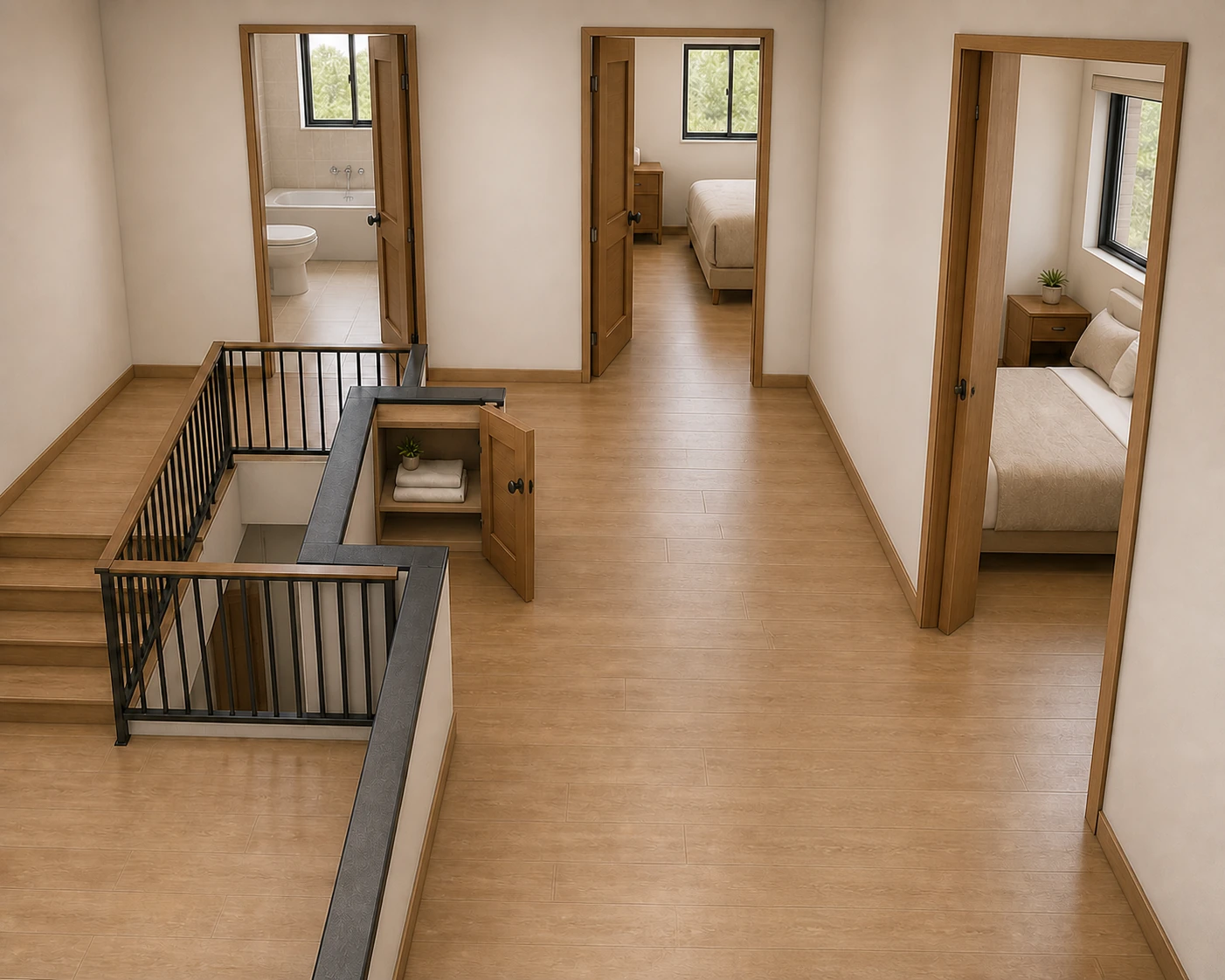 Upper-floor landing and bedroom corridor at Villa Laar